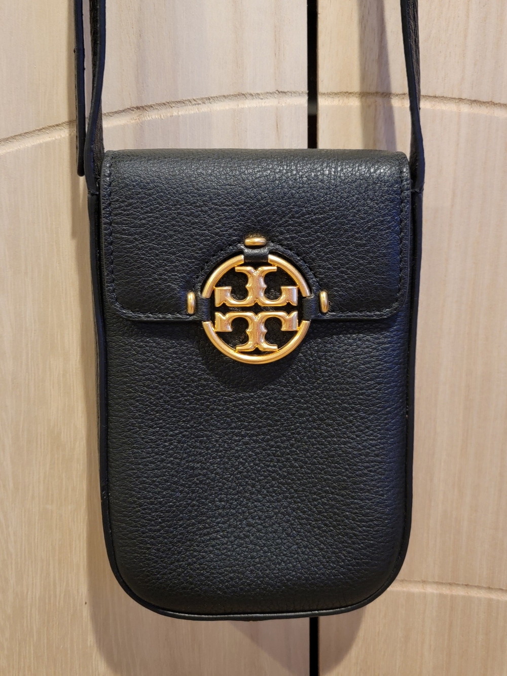 Tory Burch Black Leather Crossbody Phone Bag with Gold Logo